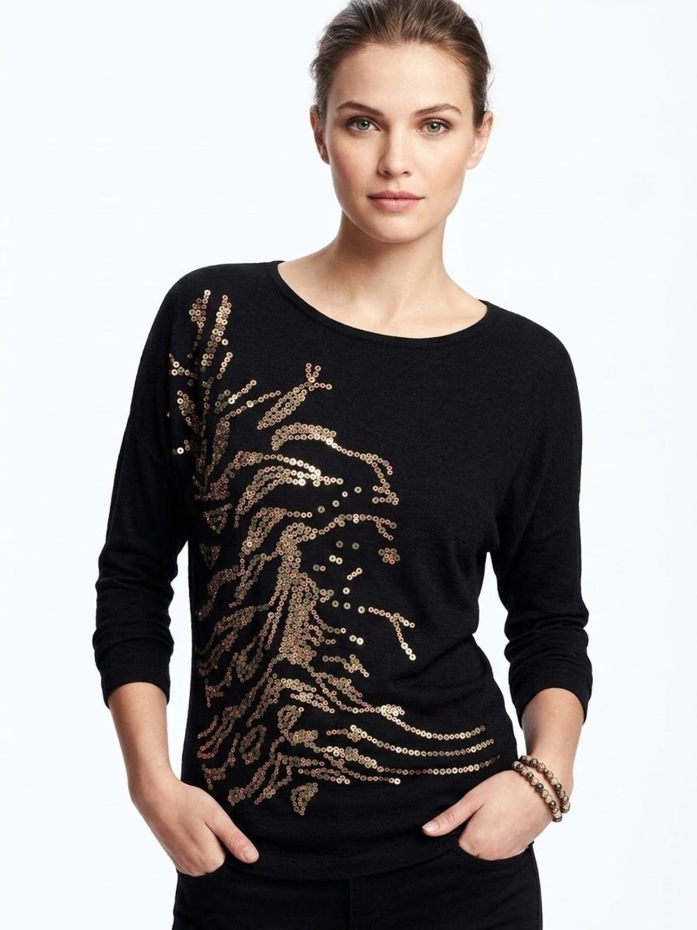 CABI Cherie Black Sequin Dolman Tee Top Style #152 Women's Size XS